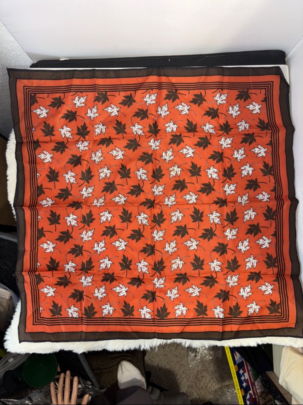 Autumn Leaf Print Silk Square Scarf in Orange and Brown